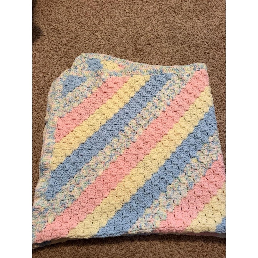 Afghan Baby Blanket Pink Yellow Blue Stripes